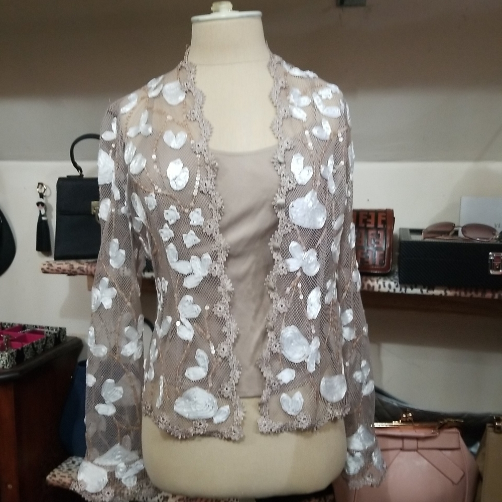 JS BOUTIQUE 4 Taupe  2 PIECE SHEER BLOUSE TANK SET